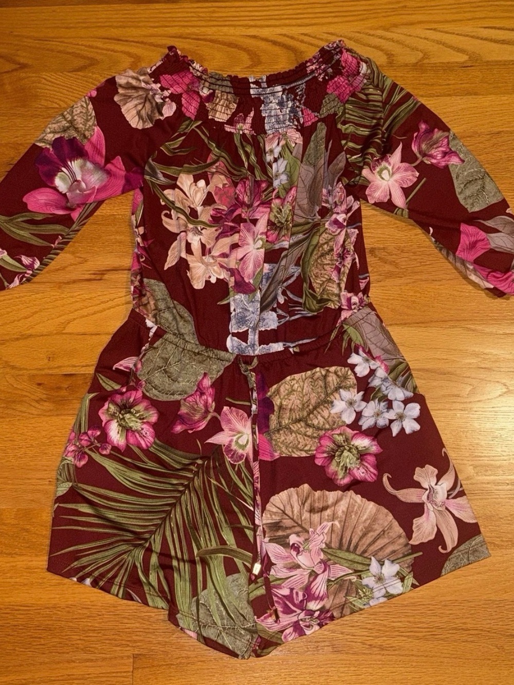 Veronica M Multicolor Tropical Floral Romper Off The Shoulder Size Medium
